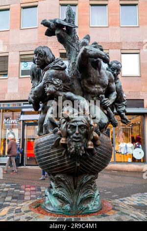 Nuremberg, Germany - DEC 28, 2021: Sculpture named Ship of Fools by Jurgen Weber based on the satirical allegory by Sebastian Brant. Stock Photo