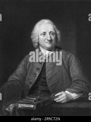 England:  c. 1750 An engraving portrait of optician, achromatic lens developer and inventor John Dollond. Stock Photo