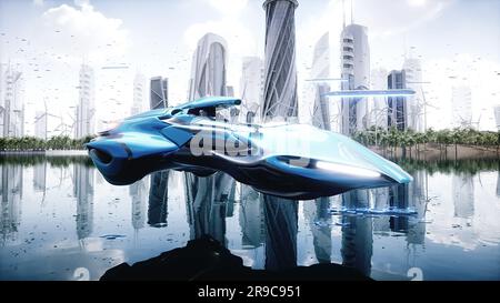 fying car in futuristic city. Future concept. 3d rendering. Stock Photo