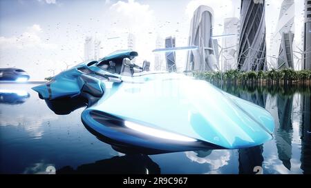 fying car in futuristic city. Future concept. 3d rendering. Stock Photo