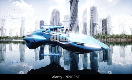 fying car in futuristic city with people.. Future concept. 3d rendering. Stock Photo