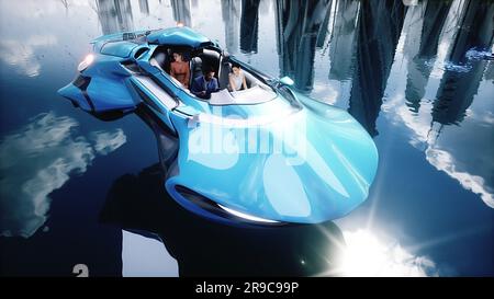 fying car in futuristic city with people.. Future concept. 3d rendering. Stock Photo