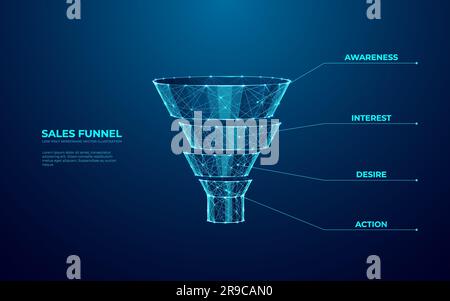 Digital Social Media Sales Funnel in blue technological polygons Stock Vector