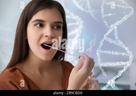 Woman taking sample for genetic testing indoors. Illustration of DNA structure Stock Photo