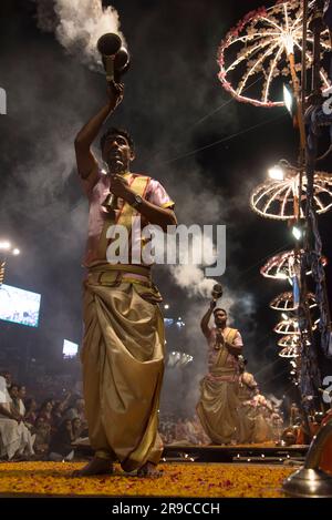 Ganga aarti ritual in Varanasi, Uttar Pradesh, India Stock Photo