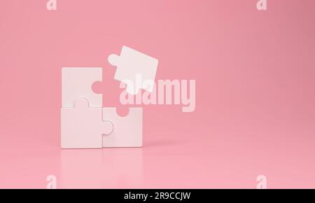 Connection together puzzle pieces on a pink background. 3D rendering. Stock Photo