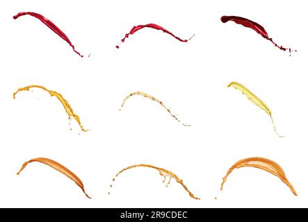 Collage with splashes of different juices isolated on white Stock Photo