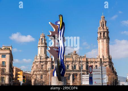 Barcelona, Spain - FEB 13, 2022: El Cap de Barcelona is a surrealist sculpture by American Pop artist Roy Lichtenstein for the 1992 Summer Olympics in Stock Photo