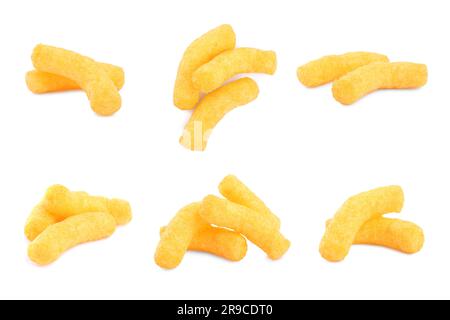 Collage of tasty corn sticks on white background Stock Photo