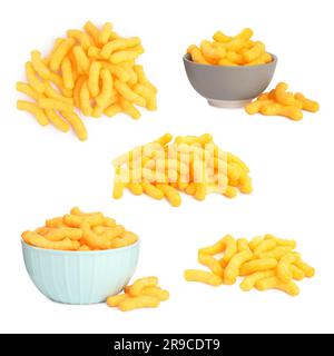 Collage of tasty corn sticks on white background Stock Photo