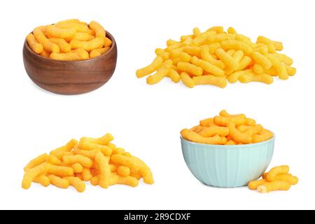 Collage of tasty corn sticks on white background Stock Photo