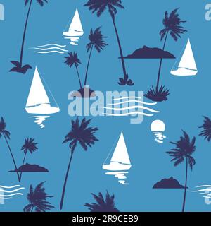Sailboat tropical island, sunset, palms seamless pattern, vector illustration Stock Vector