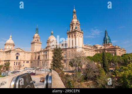Barcelona, Spain - FEB 11, 2022: The Palau Nacional is a building on the hill of Montjuic in Barcelona. It was the main site of the 1929 International Stock Photo
