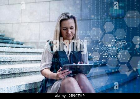 Business analytics and technology analysis concept. A manager uses a computer to analyze financial and economic affairs. High quality photo Stock Photo