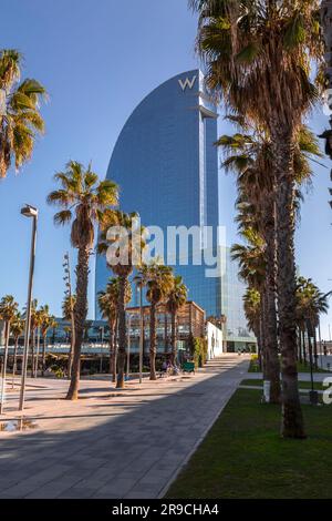 Barcelona, Spain - February 10, 2022: Exterior view of teh W Hotel Barcelona located at Barceloneta Beach. Stock Photo