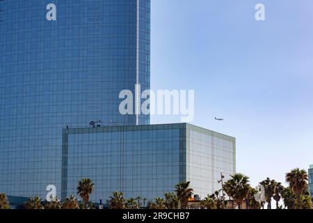 Barcelona, Spain - February 10, 2022: Exterior view of teh W Hotel Barcelona located at Barceloneta Beach. Stock Photo