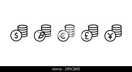 Coins icon. Set of outline money. Coins vector icon. Bank payment symbol. Euro, dollar, yen, yuan, pound sign. Finance. Currency symbol. Game coin. We Stock Vector