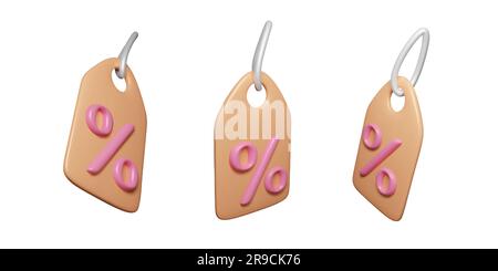 Price Tags with percentage icon. Sale labels set in 3D realistic style. Discount coupons isolated on white. Business banner, template for promotion. V Stock Vector