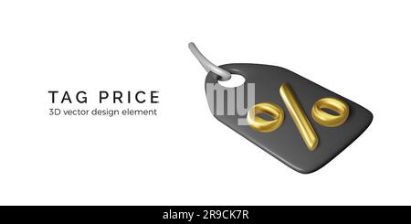 Black price tag with golden percentage 3D icon. Discount holiday offer. Black friday sale promotion. Realistic design element for advertising banner. Stock Vector