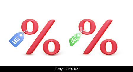 3D red percentage icon with blue and green price tag. Discount offer banner. Discount coupon isolated on white. Vector illustration Stock Vector