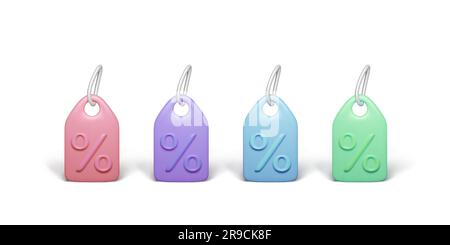 Set 3D render discount coupons with percentage sign. Paper price tag in different color variation realistic labels with shadows. Special price offers Stock Vector