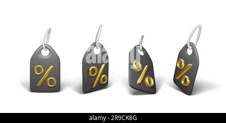 Black paper price tag with golden percent sign. Holiday mega sale promotion design element. 3D discount coupon set. Special offer labels. Vector illus Stock Vector