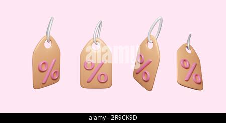 3D price tag set. Shopping and sale promotion. Discount label in realistic cartoon style. Discount badge with percentage icon. Vector illustration Stock Vector