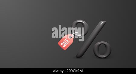 Black friday discount banner. 3D black percentage sign with red paper price tag with text Sale. Vector illustration Stock Vector