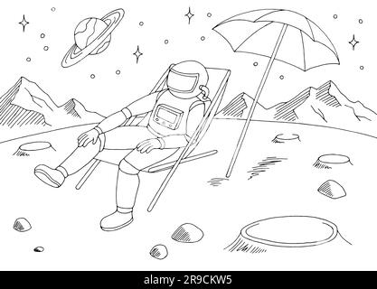 Astronaut is sitting in a sun lounger alien planet graphic black white space landscape sketch illustration vector Stock Vector