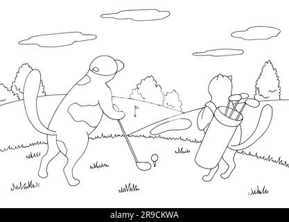 Cats play golf graphic black white landscape sketch illustration vector Stock Vector