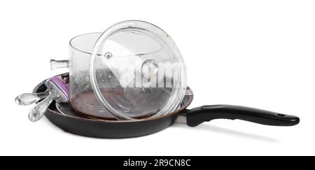 Many different dirty dishes on white background Stock Photo