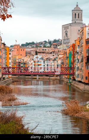 Girona, Catalonia, Spain - FEB 12, 2022: Eiffel Bridge constructed by Gustave Eiffel over the Onyar River in Girona, Catalonia, Spain. Stock Photo