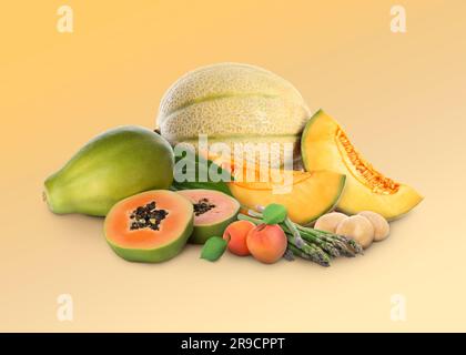 Fresh fruits and vegetables on light golden gradient background Stock Photo