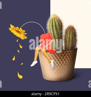 Creative artwork. Woman with gerbera instead of head crying in company of cactus. Girl dropping petals as tears while sitting on flowerpot Stock Photo