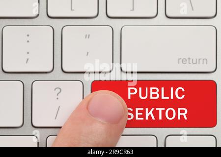 Man pressing red button with text Public Sector on computer keyboard, closeup Stock Photo