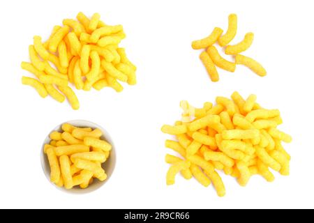 Collage of tasty corn sticks on white background, top view Stock Photo