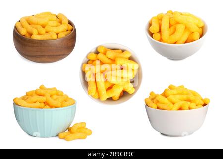 Bowls with tasty corn sticks on white background, collage design Stock Photo