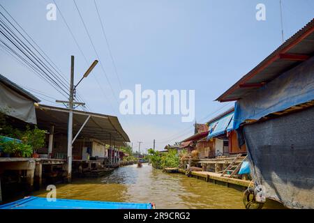 Damnoen Saduak - Thailand May 23, 2023. On the canals of Damnoen Saduak Floating Market by boat. Stock Photo