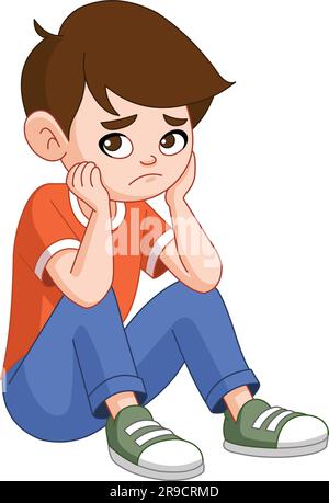A boy with a sad or pensive expression sits on the floor Stock Vector