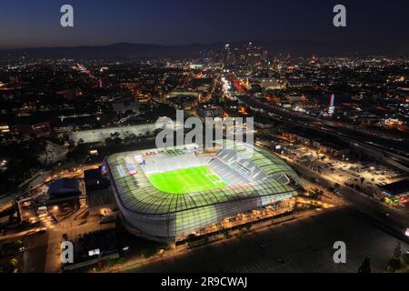 A general overall aerial view of BMO Stadium and downtown skyline, Sunday, June 25, 2023, in Los Angeles. Stock Photo