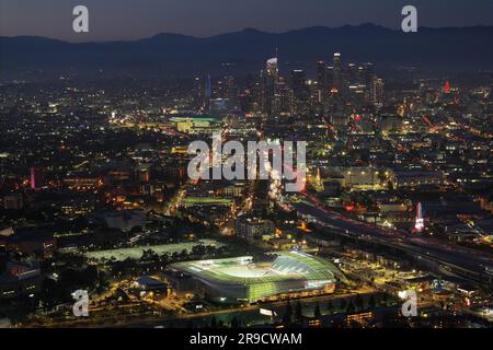 A general overall aerial view of BMO Stadium and downtown skyline, Sunday, June 25, 2023, in Los Angeles. Stock Photo