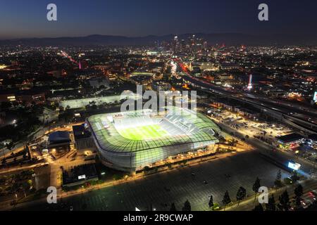 A general overall aerial view of BMO Stadium and downtown skyline, Sunday, June 25, 2023, in Los Angeles. Stock Photo