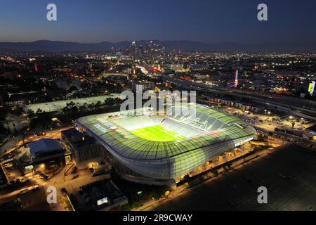 A general overall aerial view of BMO Stadium, Sunday, June 25, 2023, in Los Angeles. Stock Photo