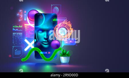 AI in image wise face on screen hanging phone with artifical intelligence. Innovation computer technology of artificial neural networks. Intelligence Stock Vector