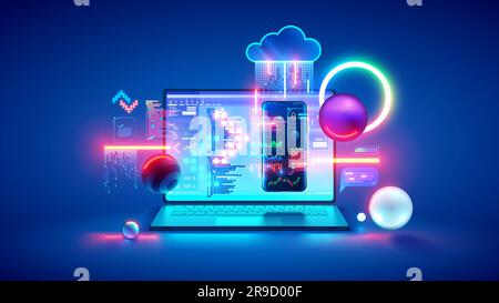 Technology of Software development, web design, programming concept. Program code on screen laptop, phone, code of program, data, interface elements o Stock Vector