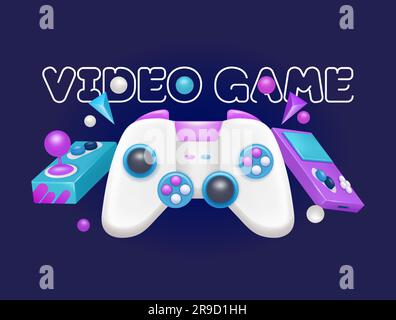 Video Games, 3d illustration. White gamepad for gaming, pocket console and arcade joystick. Isolated 3d object on dark purple background. perfect for Stock Vector
