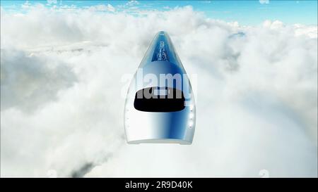 Flying passenger train in clouds. Utopia. concept of the future. Aerial fantastic view. 3d rendering. Stock Photo