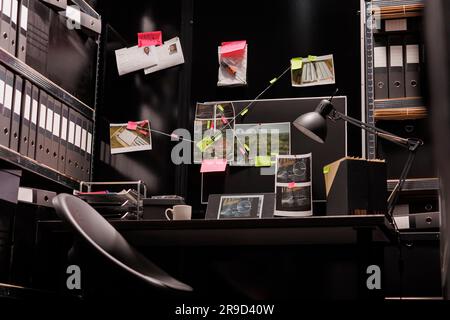 Detective office interior with workplace and investigation board Stock ...
