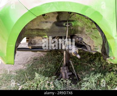 Front hub of the car with the brake system closeup. Stock Photo