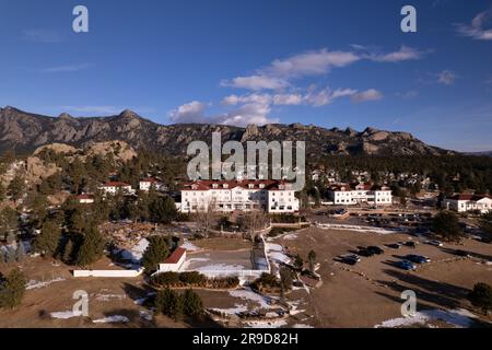 An aerial view of Estes Park, a quaint mountain town located in the ...